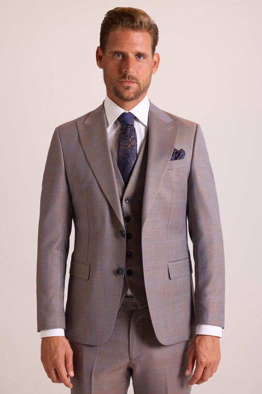 Erkek Turuncu Slim Fit Sivri Yaka Yelekli Yün Takım Elbise