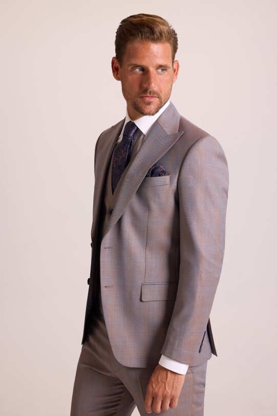 Erkek Turuncu Slim Fit Sivri Yaka Yelekli Yün Takım Elbise