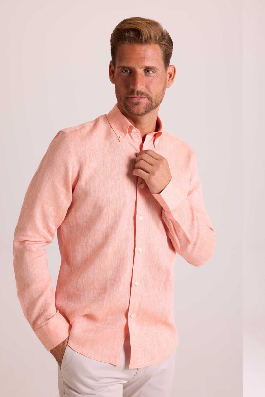 Erkek Turuncu Yaka Düğmeli Slim Fit Keten Gömlek