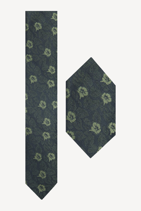 Erkek Yeşil Çiçek Desenli Kravat Mendil Set - YSF