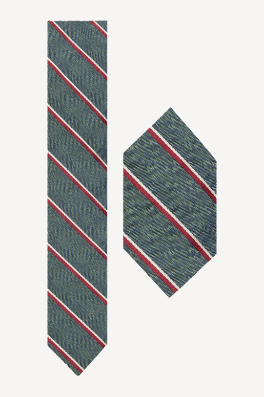 Erkek Yeşil Çizgili Kravat Mendil Set - YSF