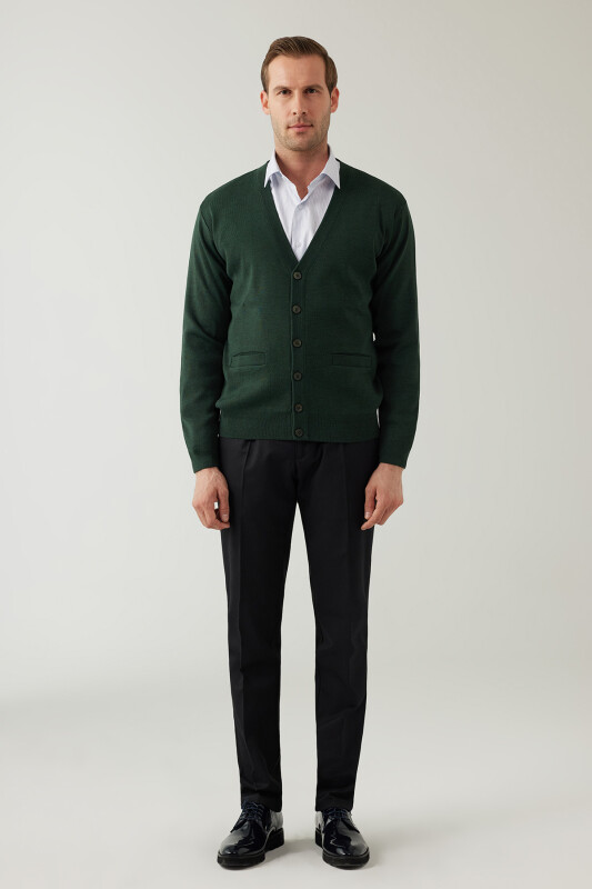 Erkek Yeşil Düğmeli Yünlü Triko Hırka