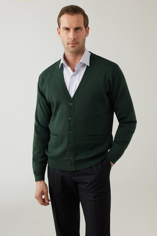 Erkek Yeşil Düğmeli Yünlü Triko Hırka