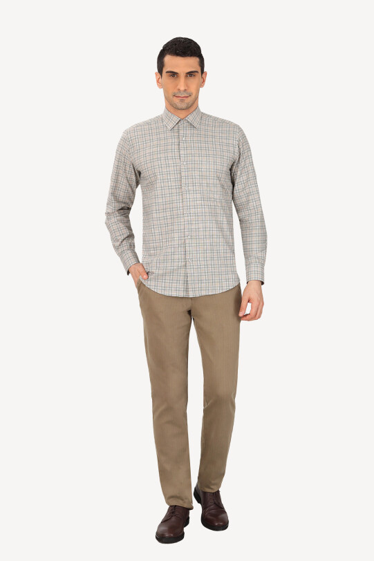 Erkek Yeşil Gri Uzun Kol Klasik Kareli Gömlek
