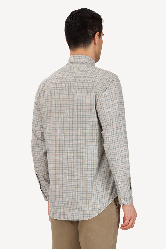 Erkek Yeşil Gri Uzun Kol Klasik Kareli Gömlek