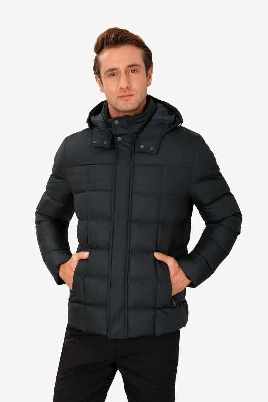 Erkek Yeşil Kapüşonlu Klasik Kaban