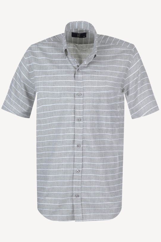 Erkek Yeşil Klasik Çizgili Keten Gömlek