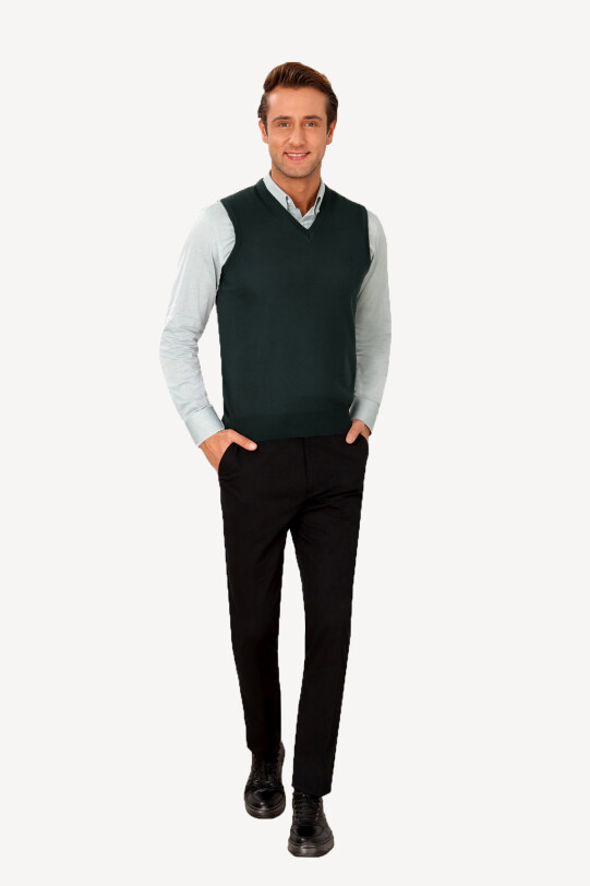 Erkek Yeşil Klasik V yaka Triko Süveter