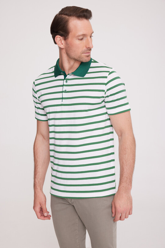 Erkek Yeşil Polo Yaka Çizgili T-Shirt