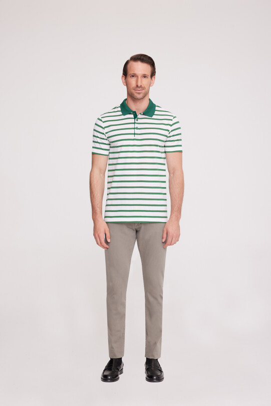 Erkek Yeşil Polo Yaka Çizgili T-Shirt