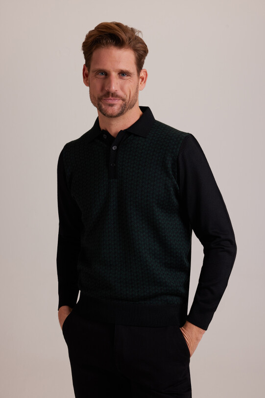 Erkek Yeşil Polo Yaka Desenli Triko