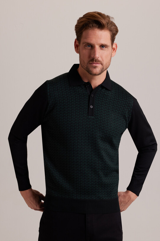 Erkek Yeşil Polo Yaka Desenli Triko