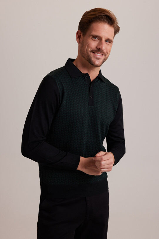 Erkek Yeşil Polo Yaka Desenli Triko