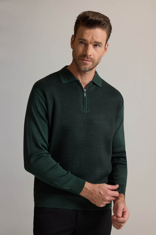 Erkek Yeşil Polo Yaka Fermuarlı Triko