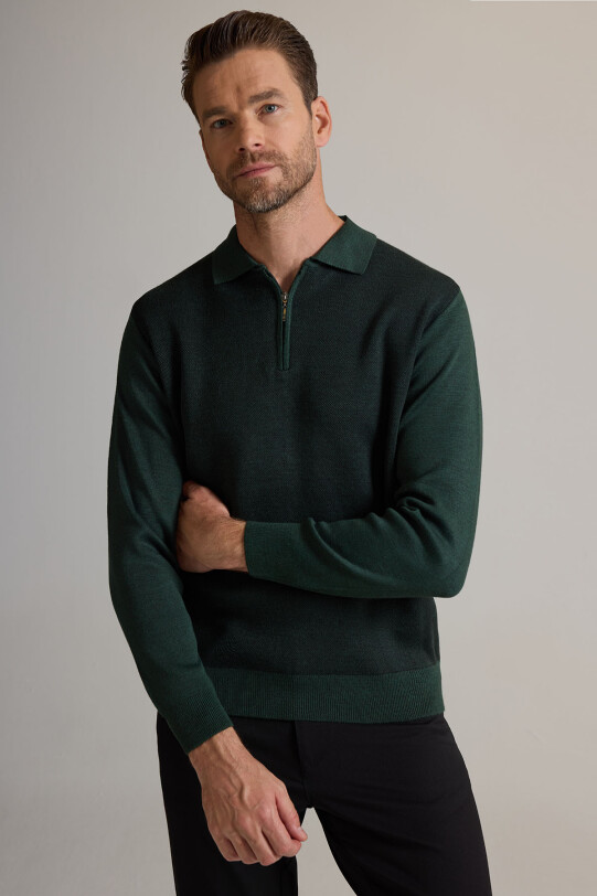 Erkek Yeşil Polo Yaka Fermuarlı Triko