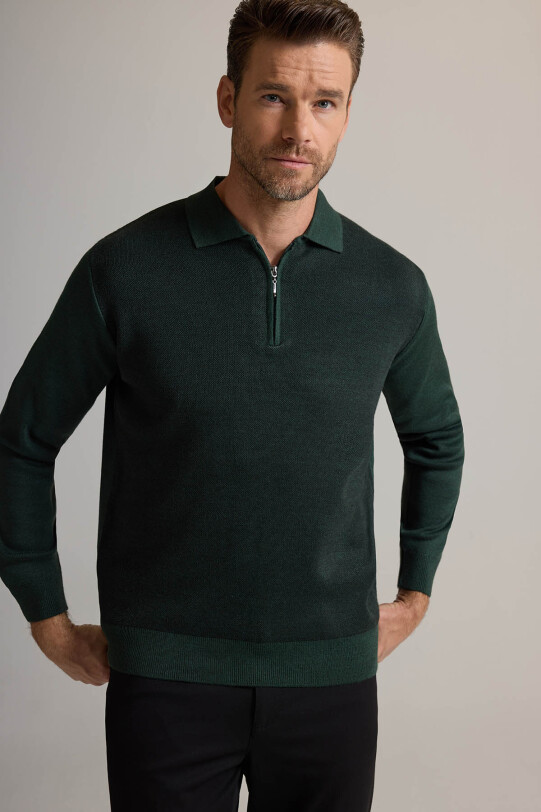 Erkek Yeşil Polo Yaka Fermuarlı Triko