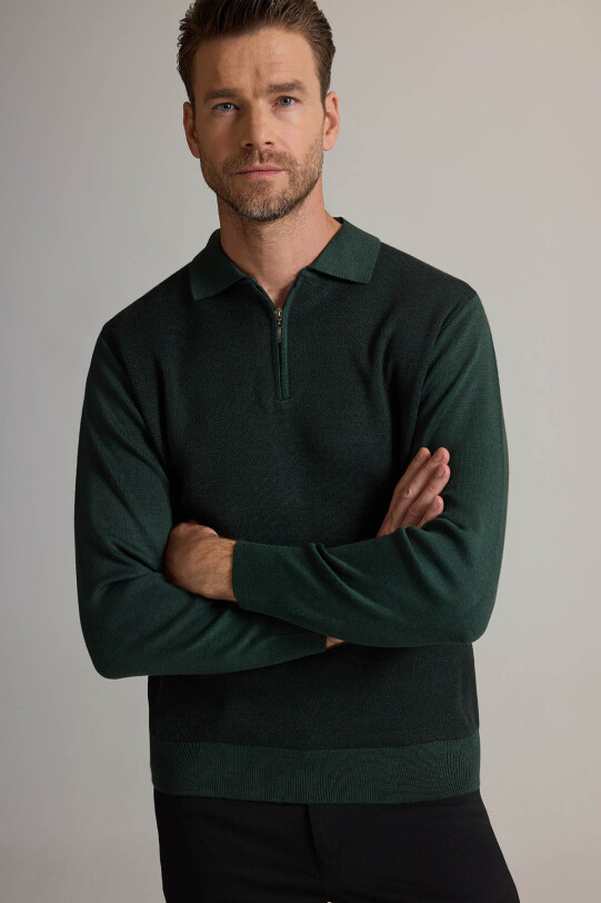 Erkek Yeşil Polo Yaka Fermuarlı Triko