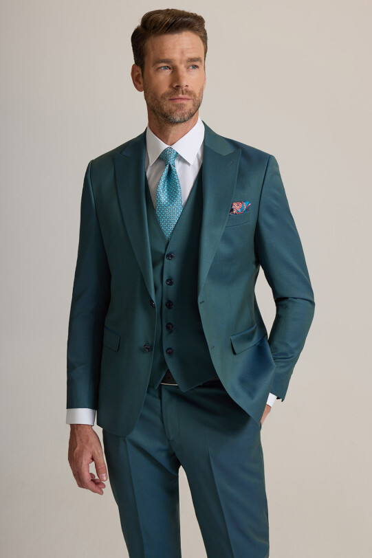 Erkek Yeşil Slim Fit Sivri Yaka Yelekli %100 Yün Takım Elbise
