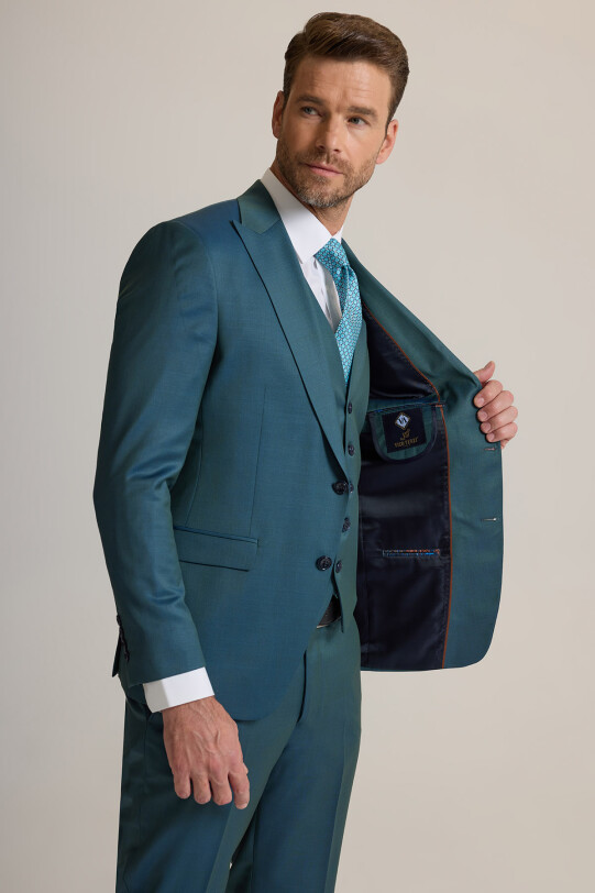 Erkek Yeşil Slim Fit Sivri Yaka Yelekli %100 Yün Takım Elbise