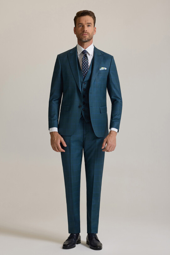 Erkek Yeşil Slim Fit Sivri Yaka Yelekli %100 Yün Takım Elbise