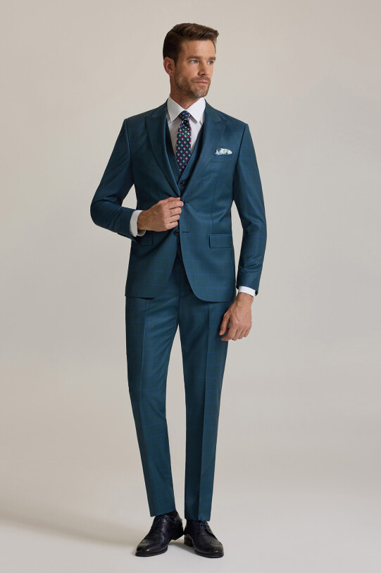 Erkek Yeşil Slim Fit Sivri Yaka Yelekli %100 Yün Takım Elbise