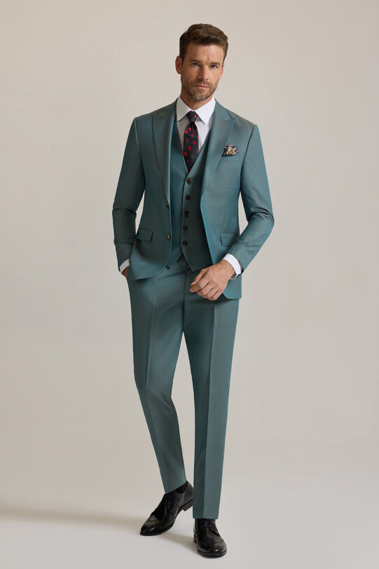 Erkek Yeşil Slim Fit Sivri Yaka Yelekli %100 Yün Takım Elbise