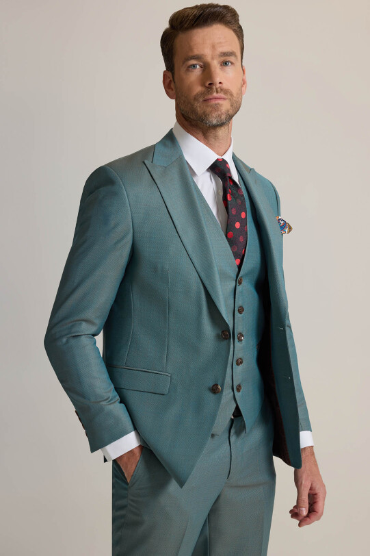 Erkek Yeşil Slim Fit Sivri Yaka Yelekli %100 Yün Takım Elbise