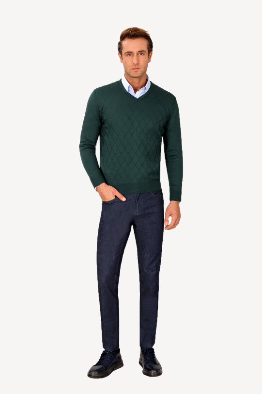 Erkek Yeşil V Yaka Klasik Desenli Triko