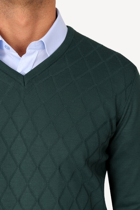 Erkek Yeşil V Yaka Klasik Desenli Triko