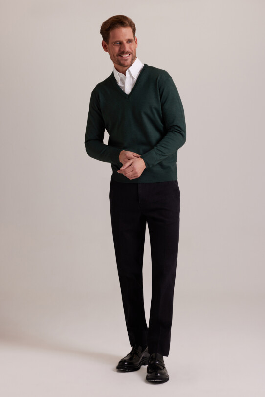 Erkek Yeşil V Yaka Klasik Triko