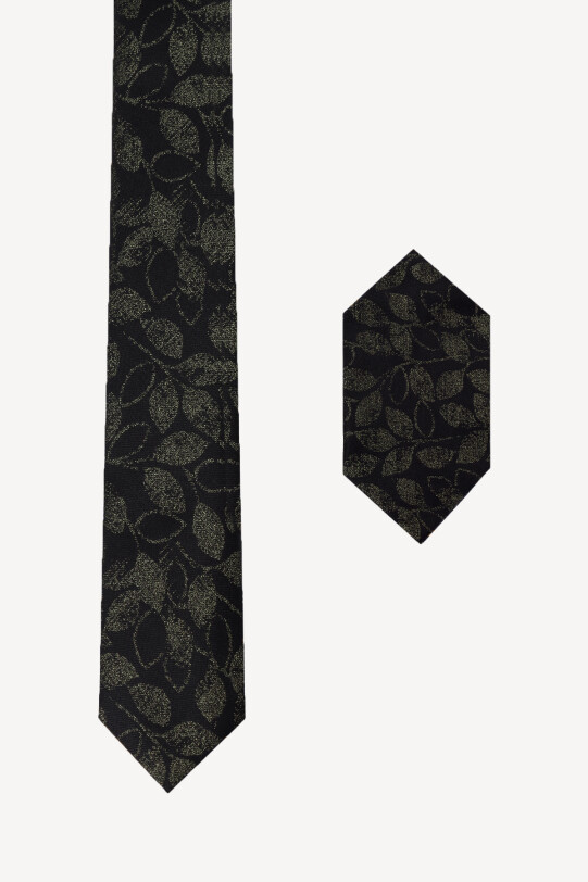 Erkek Yeşil Yaprak Desenli Kravat Mendil Set - YSF