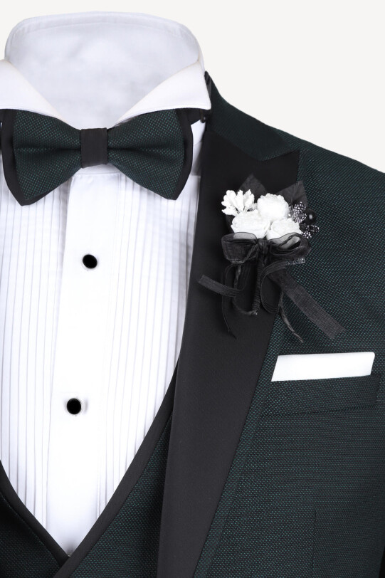 Erkek Yeşil Yelekli Şal Yaka Slim Fit Damatlık