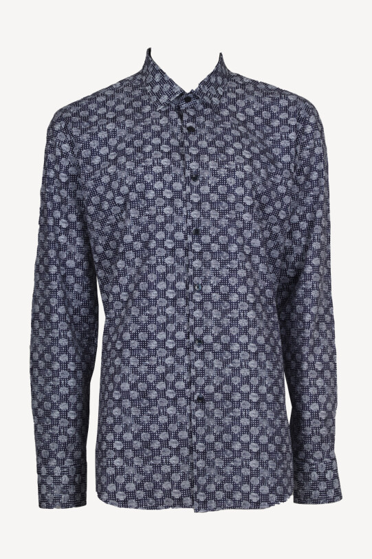 Erkek Lacivert Gri Uzun Kol Slım Fıt Desenli Gömlek
