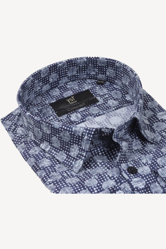 Erkek Lacivert Gri Uzun Kol Slım Fıt Desenli Gömlek