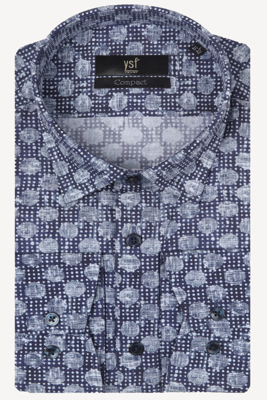 Erkek Lacivert Gri Uzun Kol Slım Fıt Desenli Gömlek